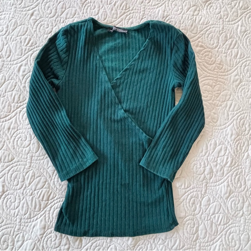 Bershka Forest Green Ribbed Wrap-Front Top